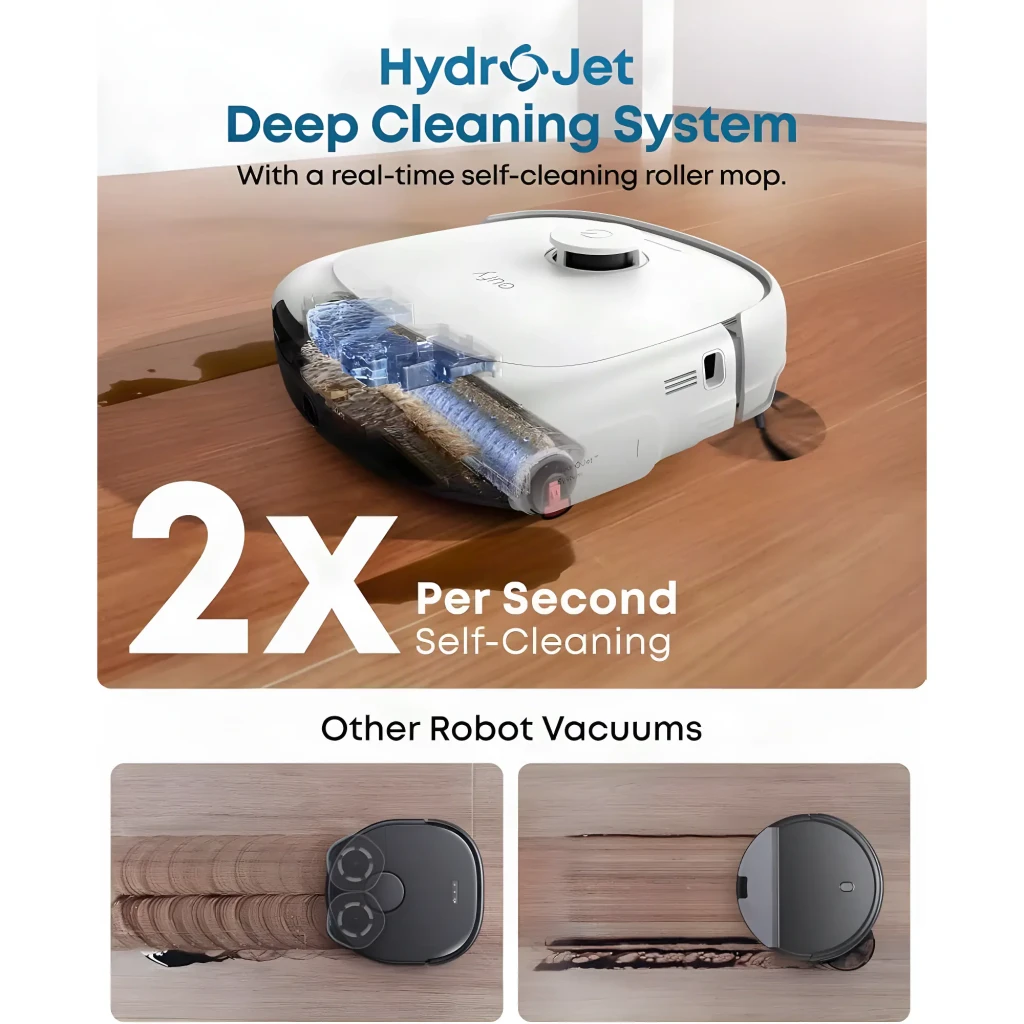 Eufy Robot Vacuum Omni E25 blanc, vue de face avec app: robot sur base à côté d'un smartphone affichant la carte de - Ítem6