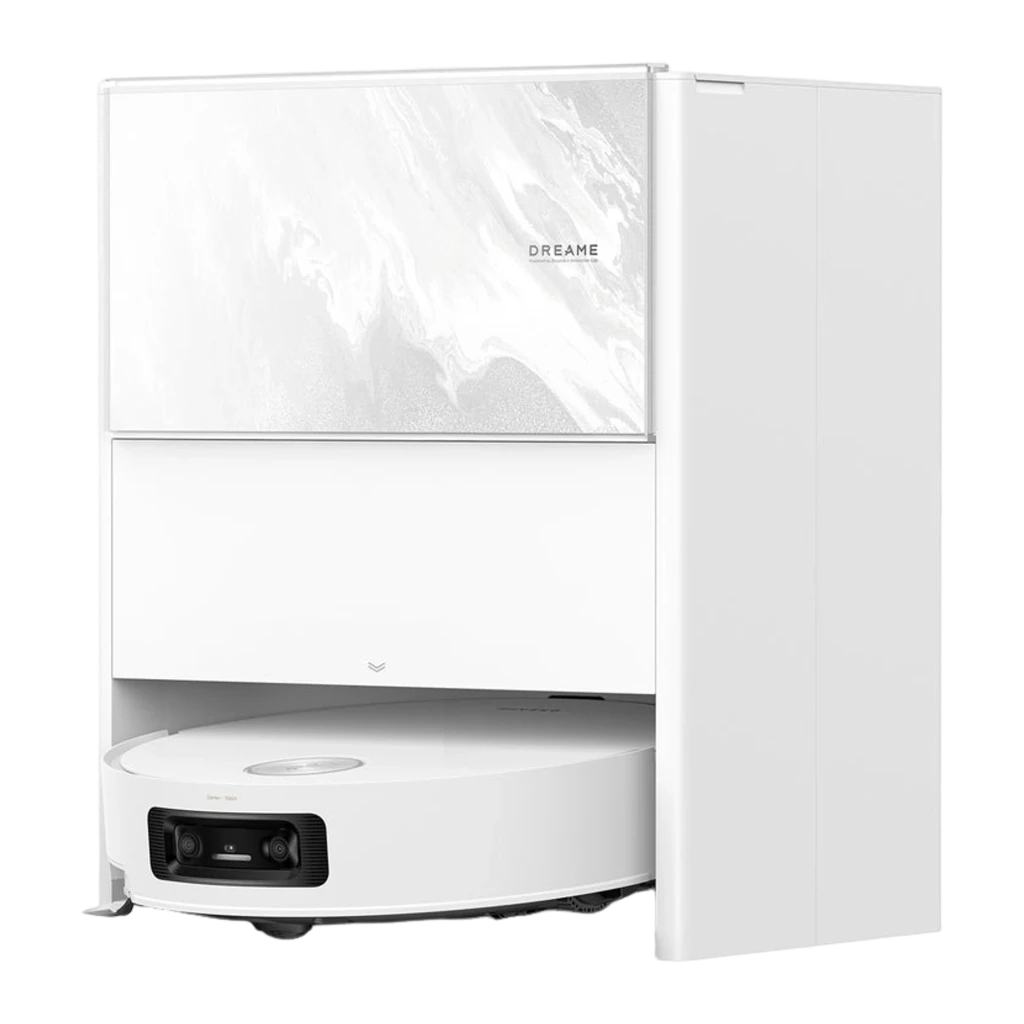 Dreame Aqua10 Ultra Roller Complete 0,23L blanc, vue avant en angle: robot sur base avec motif montagne et logo Dreame - Ítem3