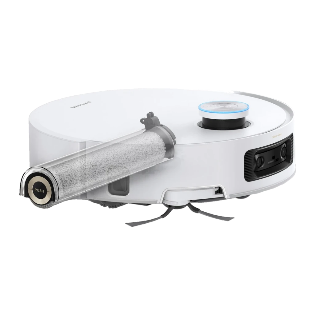 Dreame Aqua10 Ultra Roller Complete 0,23L blanc, vue avant en angle: robot sur base avec motif montagne et logo Dreame - Ítem1