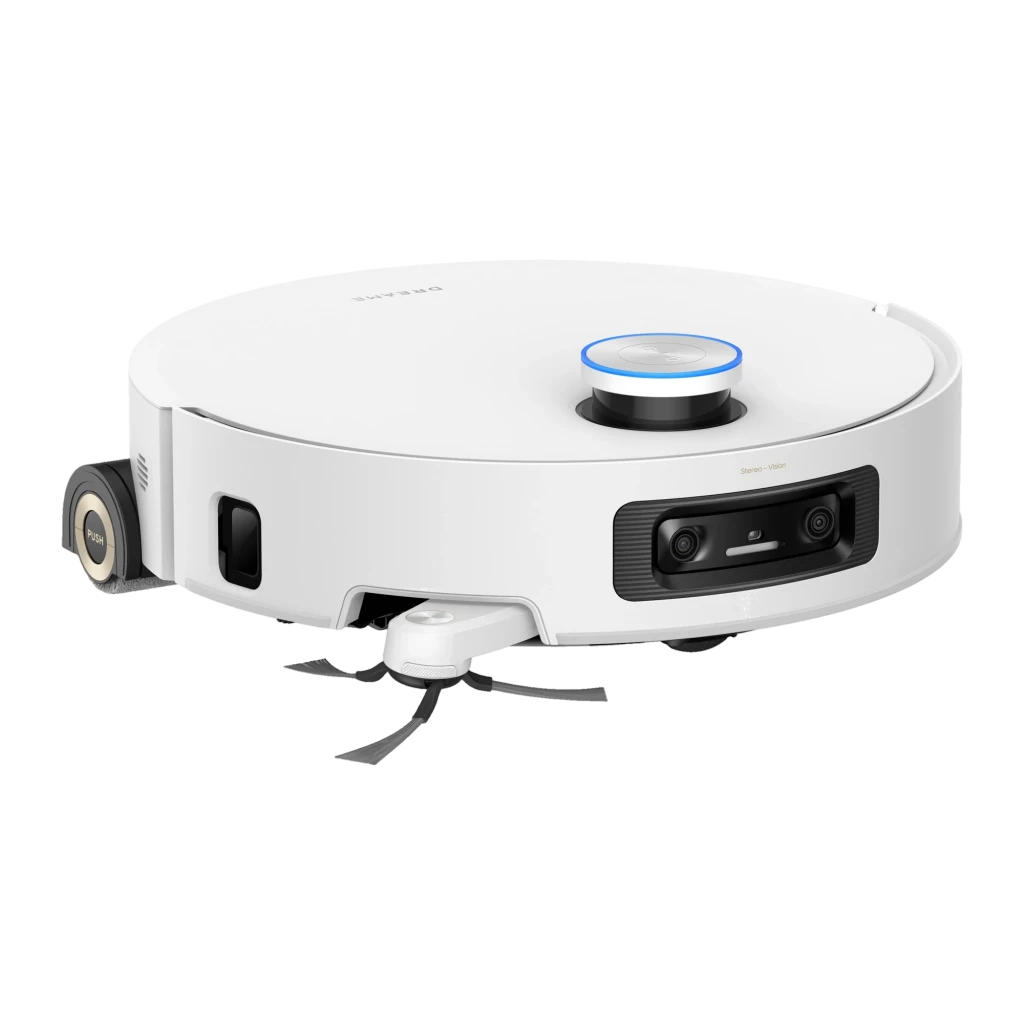 Dreame Aqua10 Ultra Roller Complete 0,23L blanc, vue avant en angle: robot sur base avec motif montagne et logo Dreame - Ítem2