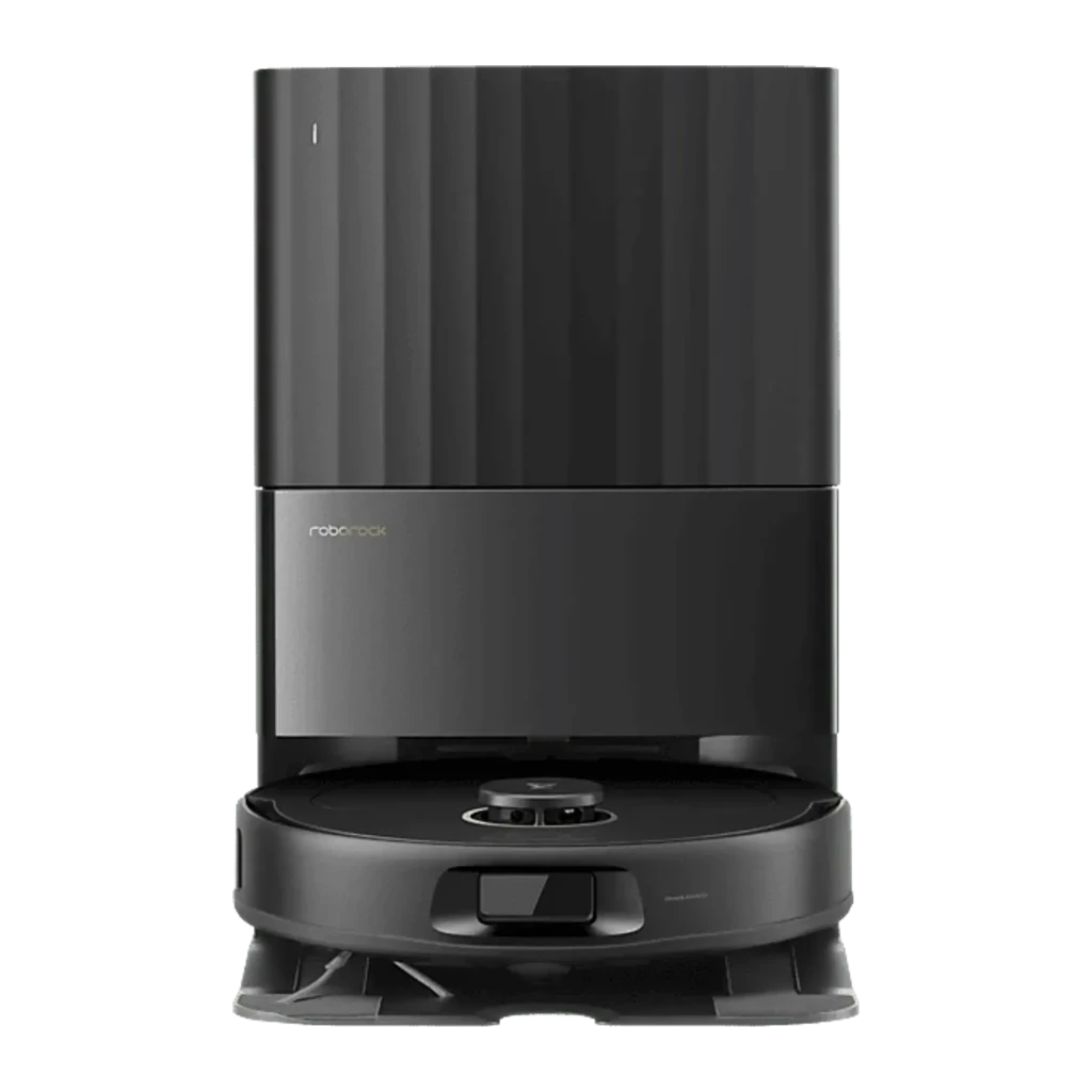 Roborock Qrevo 5AE noir, vue latérale: aspirateur robot sur base de vidage automatique avec logo visible - Ítem3