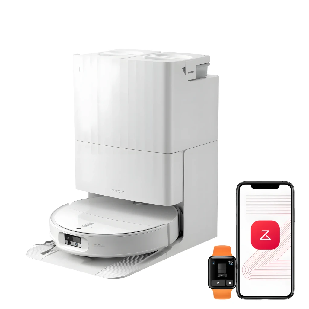 Roborock Qrevo Edge blanc, vue de face en angle: aspirateur robot dans sa base de vidage automatique blanche avec panneau - Ítem1