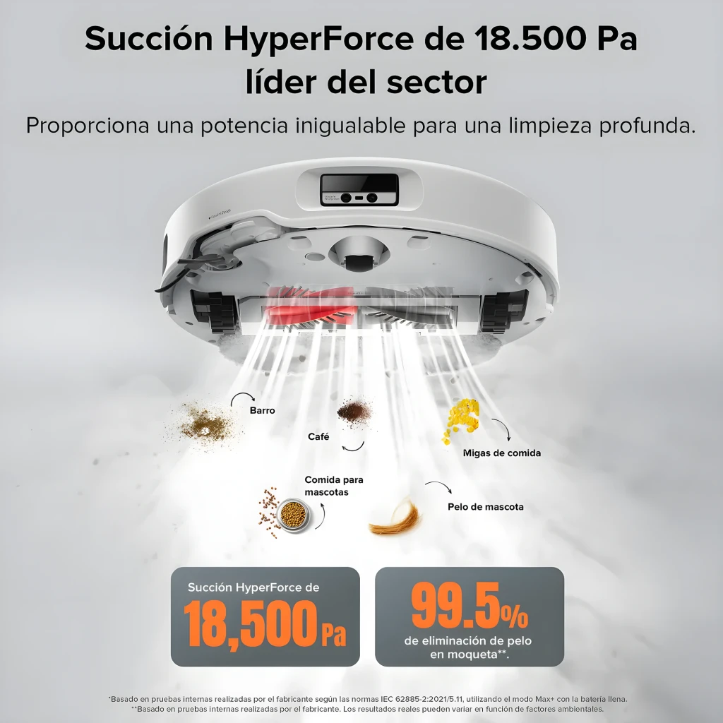 Roborock Qrevo Edge blanc, vue de face en angle: aspirateur robot dans sa base de vidage automatique blanche avec panneau - Ítem2