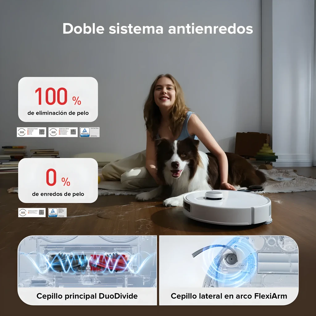 Roborock Qrevo Edge blanc, vue de face en angle: aspirateur robot dans sa base de vidage automatique blanche avec panneau - Ítem5