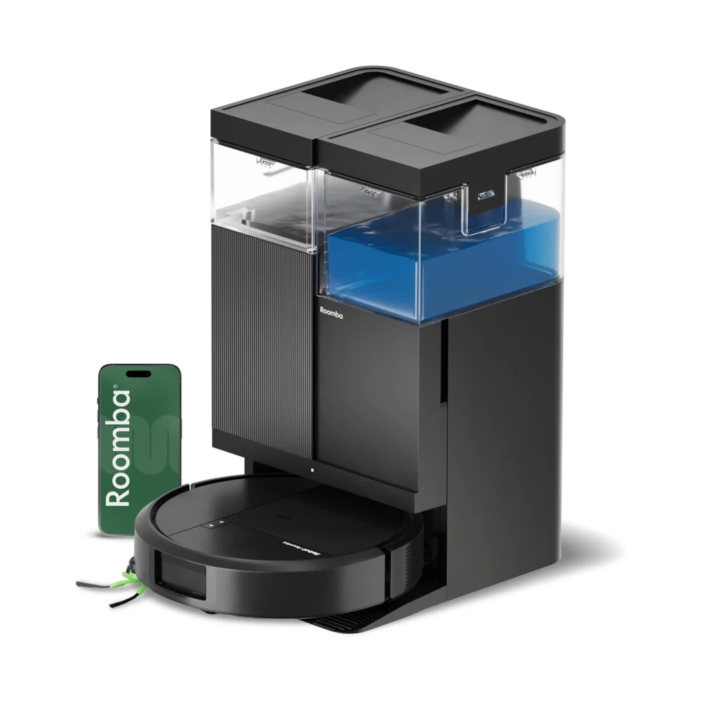 iRobot Roomba Plus 405 Combo Blanc, vue latérale: robot aspirateur sur base autonettoyante avec réservoir d'eau transparent - Ítem1