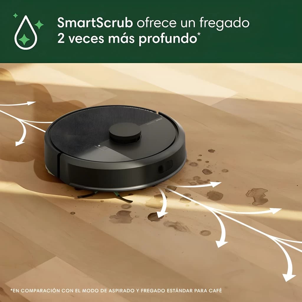 iRobot Roomba Combo Plus 405 Branco, vista lateral: robô esfregando chão de madeira com manchas, função SmartScrub