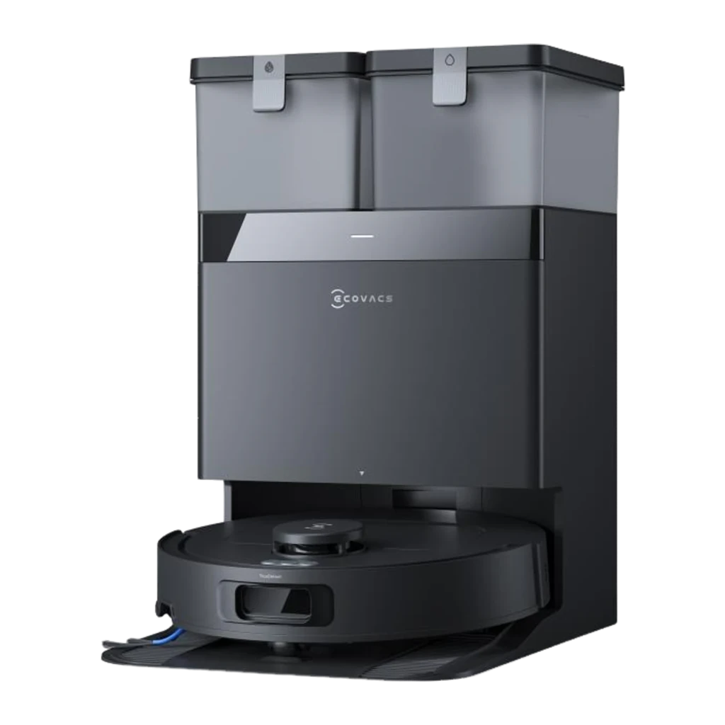Ecovacs Deebot T30e noir, vue avant-dessus: corps rond noir brillant, tour LiDAR centrale et brosse latérale bleue visible - Ítem4
