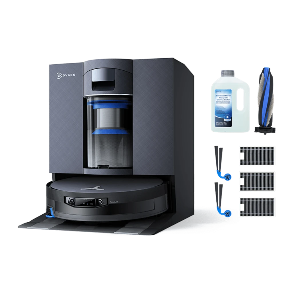 Ecovacs Deebot T30e noir, vue avant-dessus: corps rond noir brillant, tour LiDAR centrale et brosse latérale bleue visible - Ítem7
