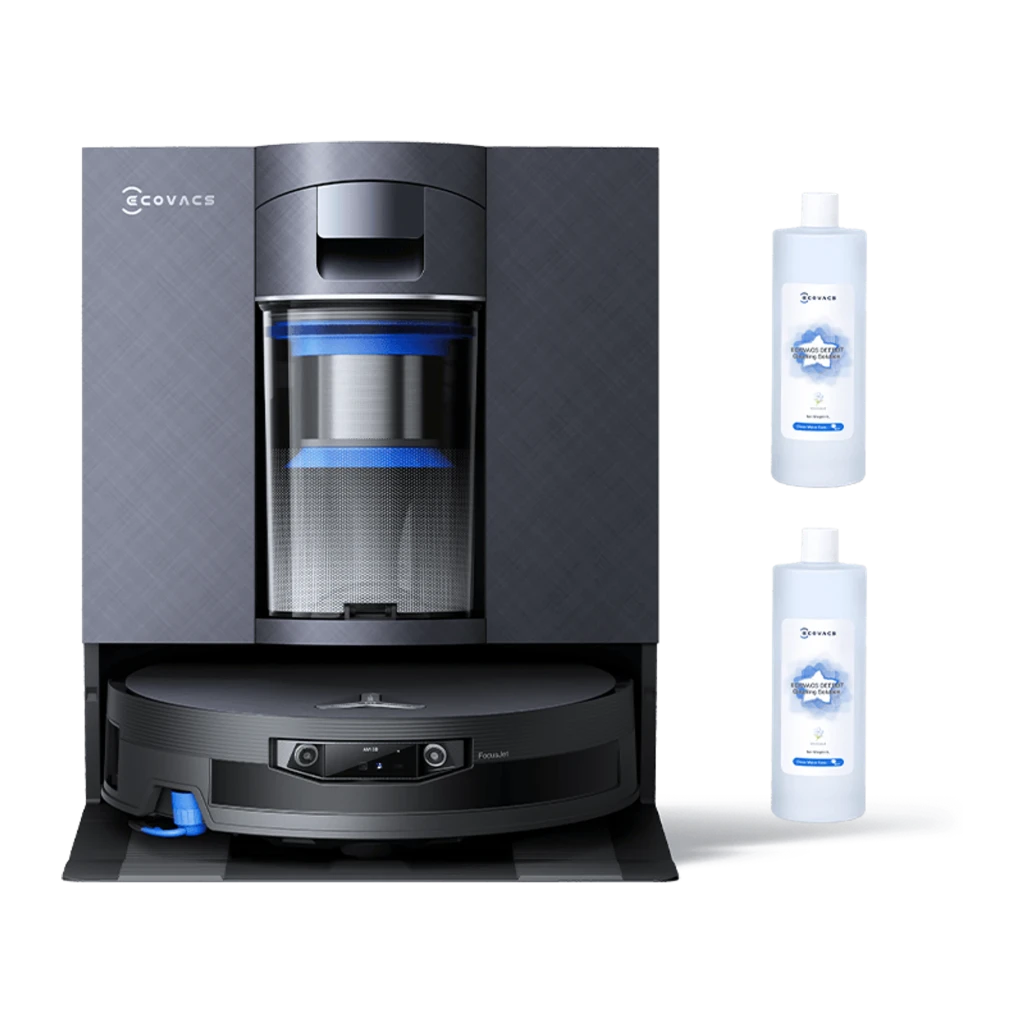 Ecovacs Deebot T30e noir, vue avant-dessus: corps rond noir brillant, tour LiDAR centrale et brosse latérale bleue visible - Ítem8