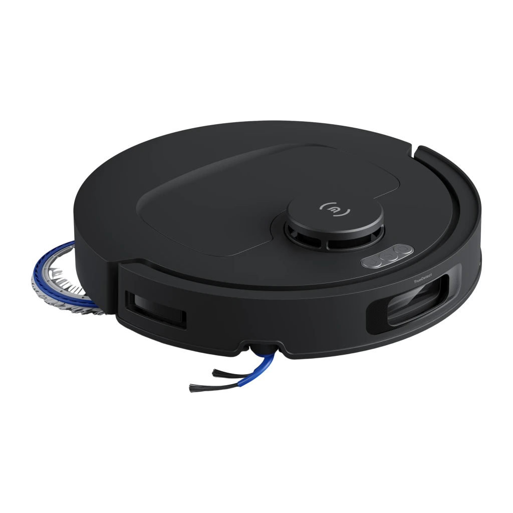 Ecovacs Deebot T30e noir, vue avant-dessus: corps rond noir brillant, tour LiDAR centrale et brosse latérale bleue visible - Ítem1