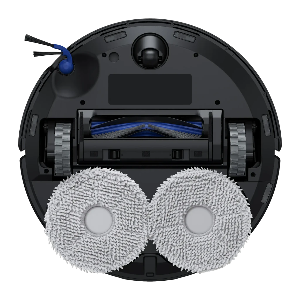 Ecovacs Deebot T30e noir, vue avant-dessus: corps rond noir brillant, tour LiDAR centrale et brosse latérale bleue visible - Ítem2