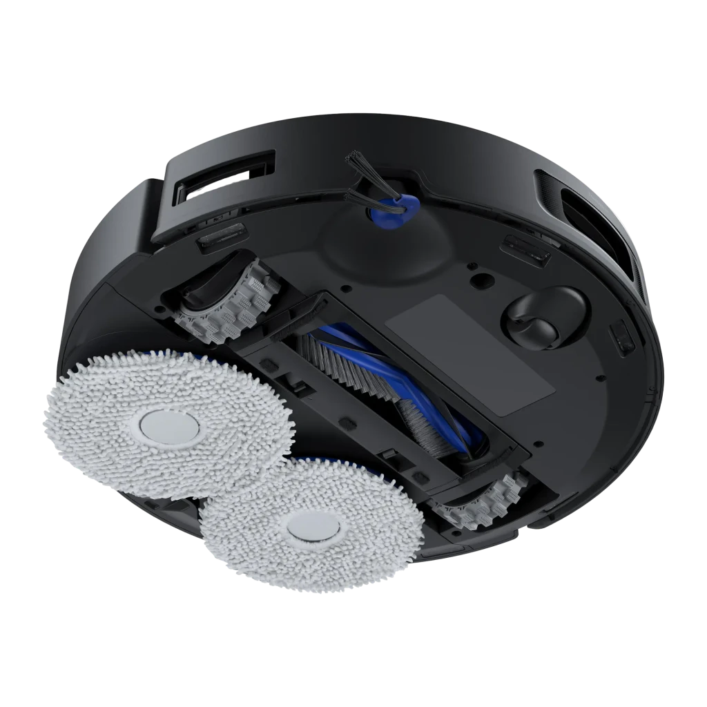 Ecovacs Deebot T30e noir, vue avant-dessus: corps rond noir brillant, tour LiDAR centrale et brosse latérale bleue visible - Ítem3