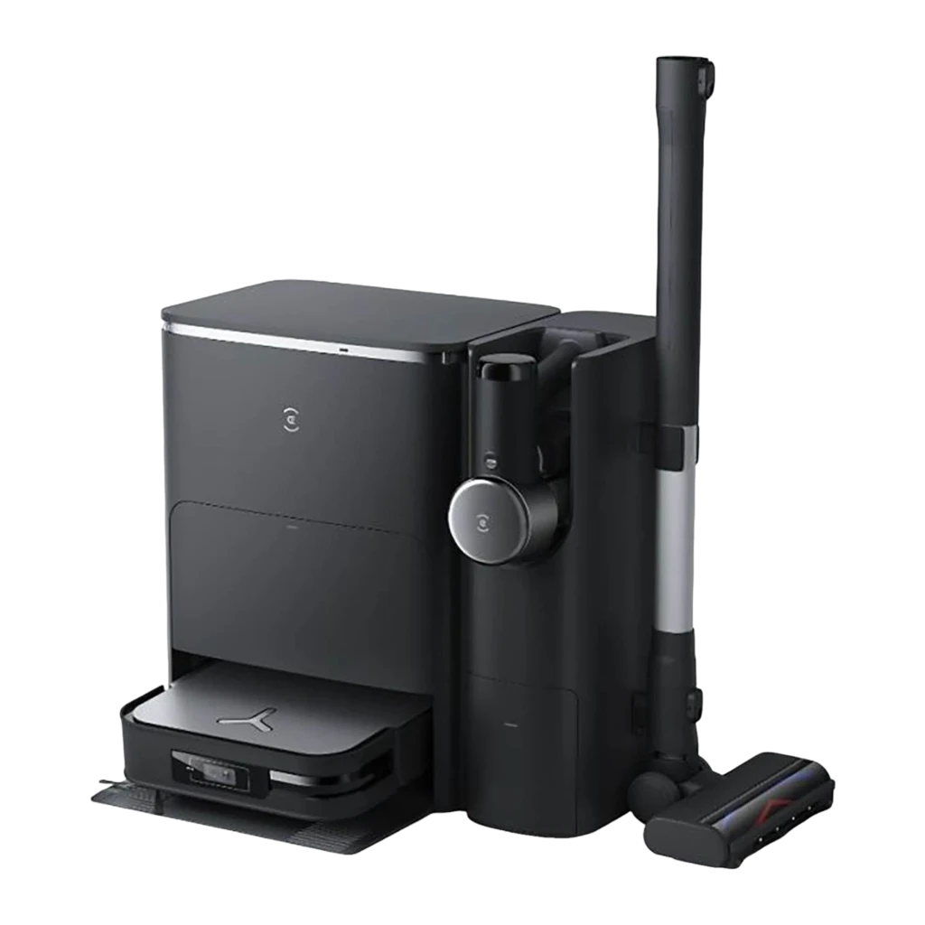 Ecovacs Deebot X2 Combo noir, vue avant en angle: robot sortant de la base de vidage automatique avec module caméra visible - Ítem5