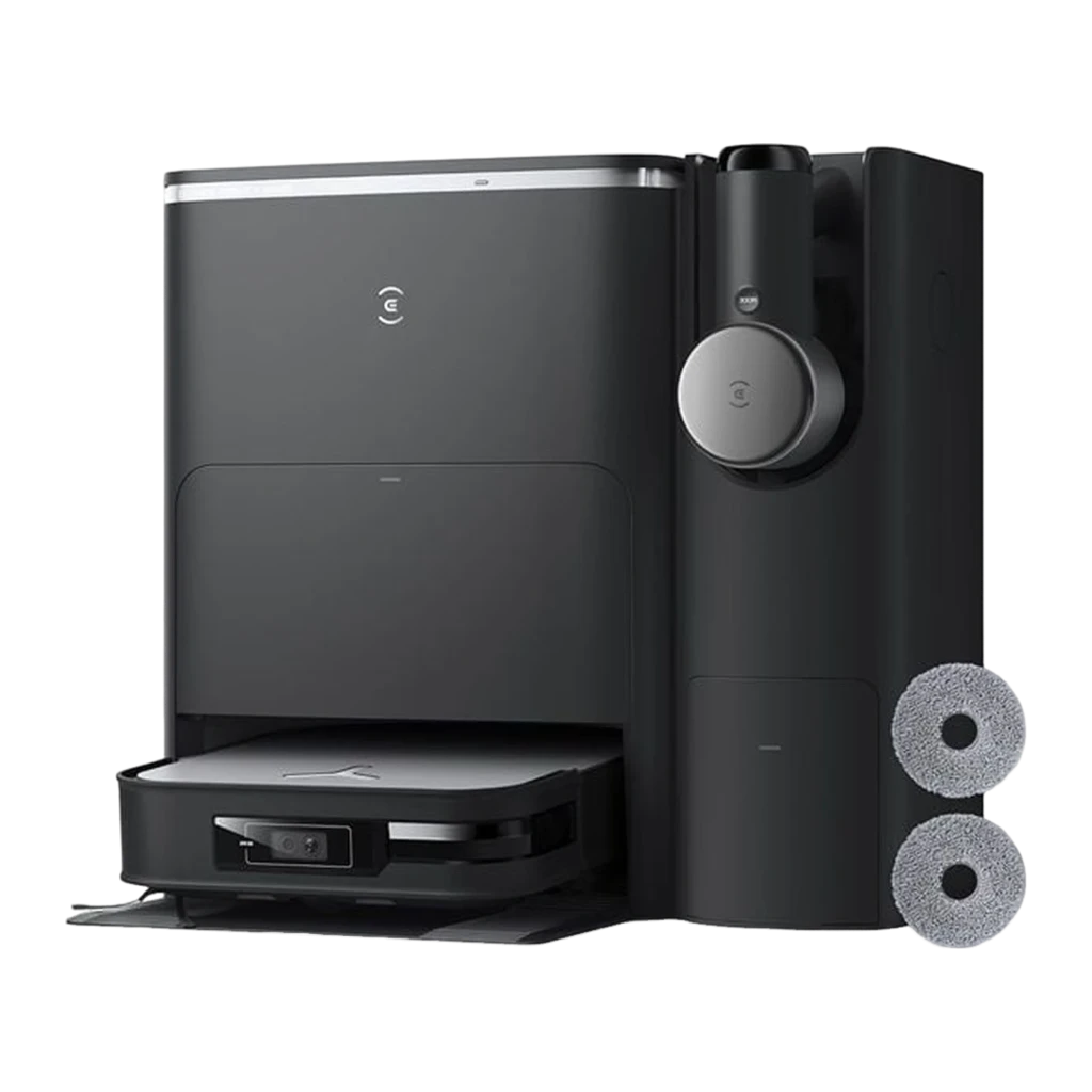 Ecovacs Deebot X2 Combo noir, vue avant en angle: robot sortant de la base de vidage automatique avec module caméra visible - Ítem6