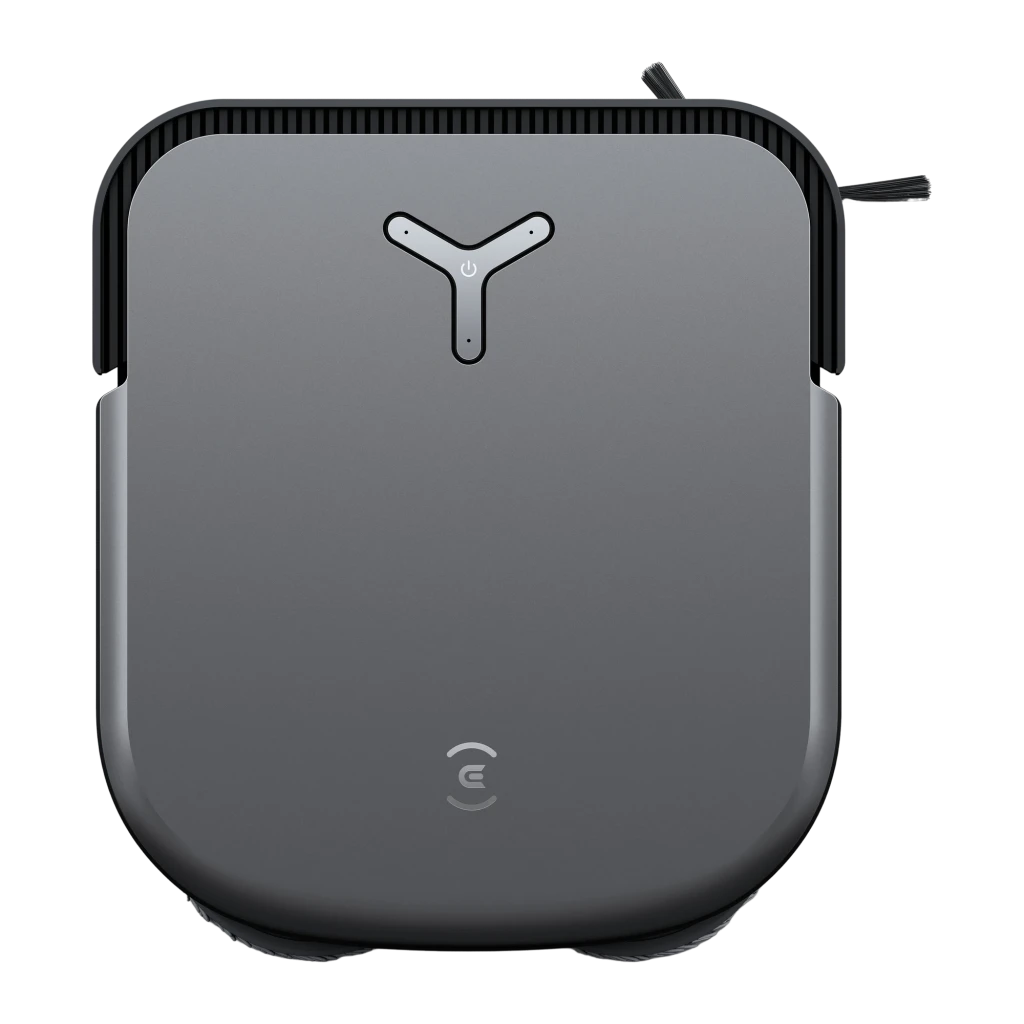 Ecovacs Deebot X2 Combo noir, vue avant en angle: robot sortant de la base de vidage automatique avec module caméra visible - Ítem1