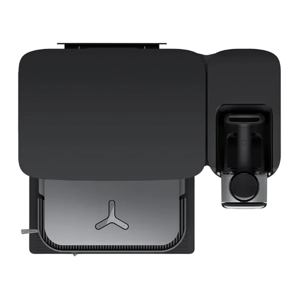 Ecovacs Deebot X2 Combo noir, vue avant en angle: robot sortant de la base de vidage automatique avec module caméra visible - Ítem2