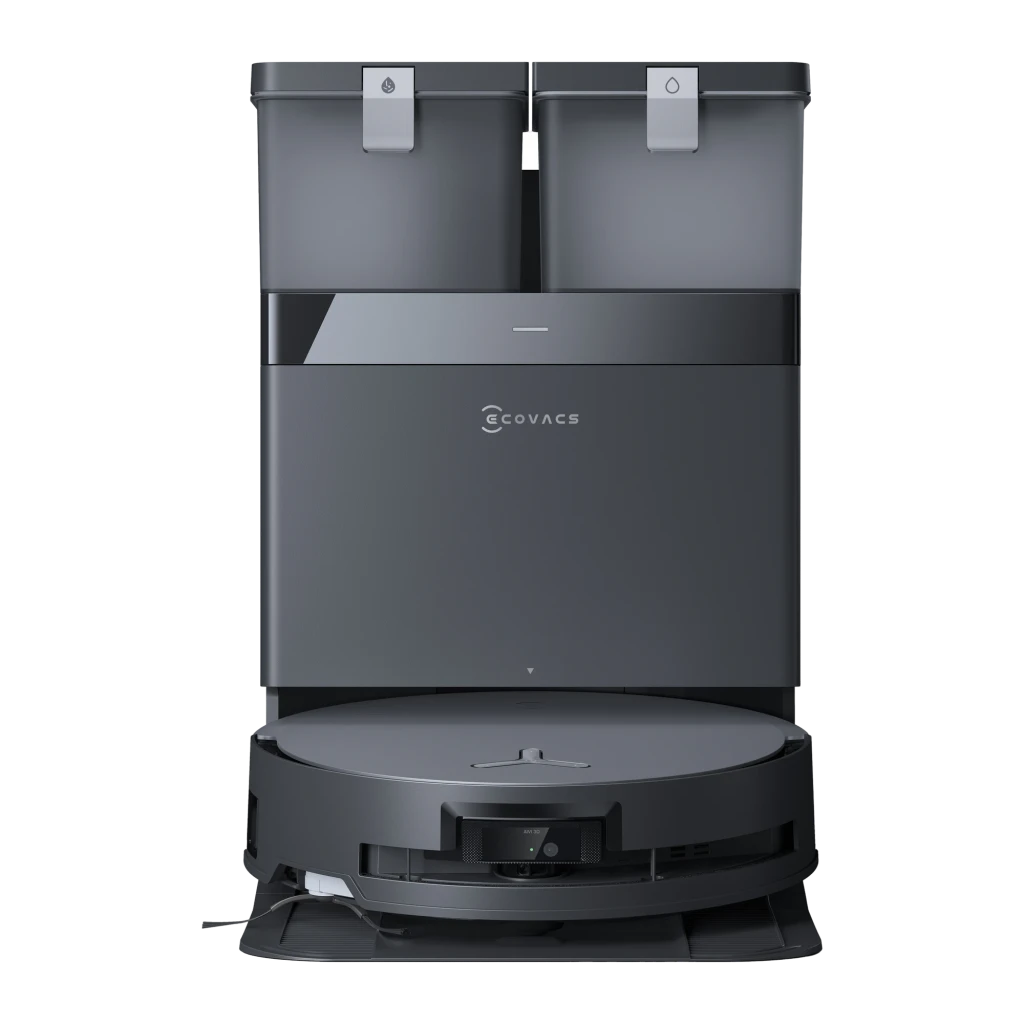Ecovacs Deebot X8 Omni noir, vue de face: robot sur base avec deux réservoirs supérieurs et détails cuivre - Ítem1