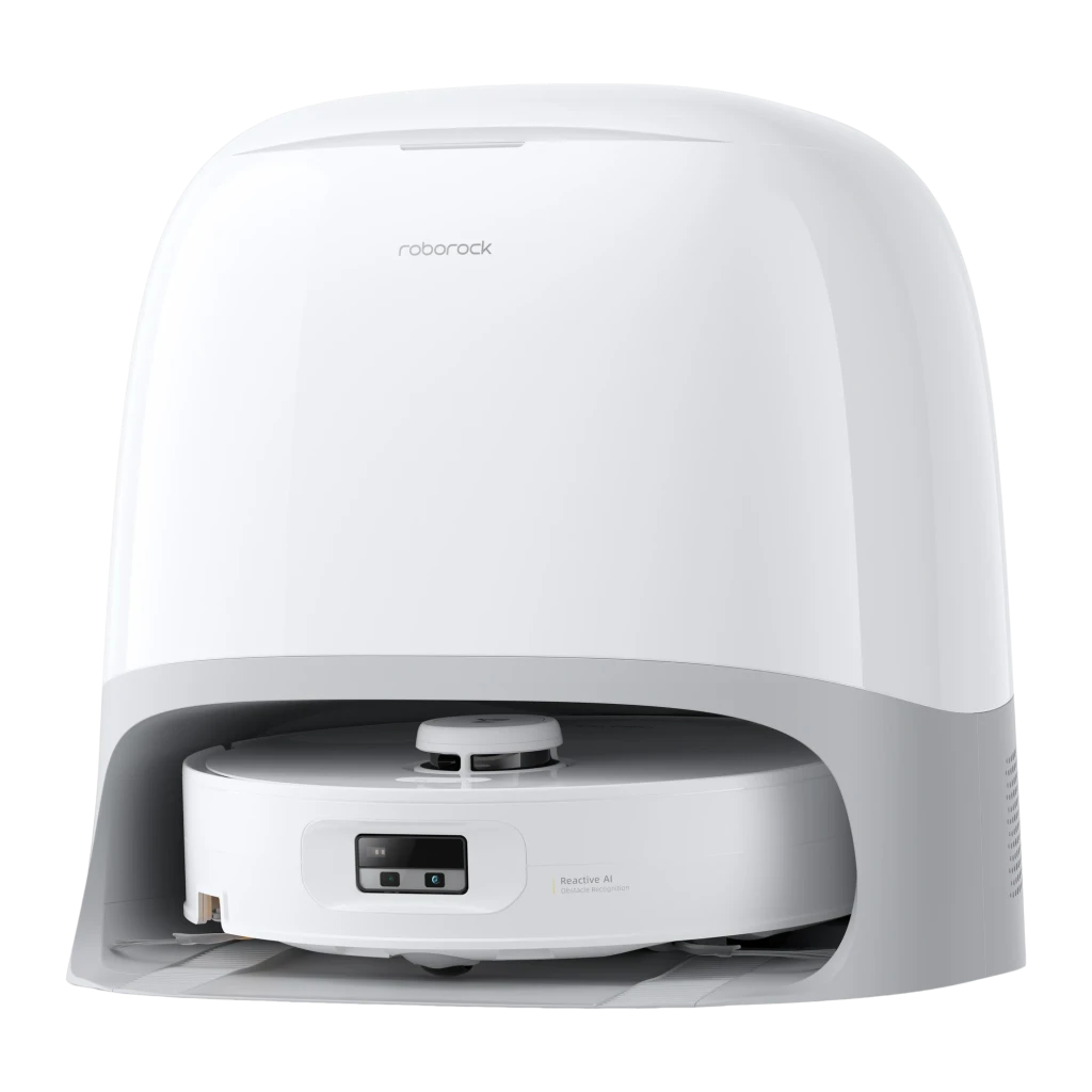 Roborock Qrevo Curv 2 Flow blanc, vue avant-latérale: base de charge seule, intérieur avec serpillières et grille de - Ítem1