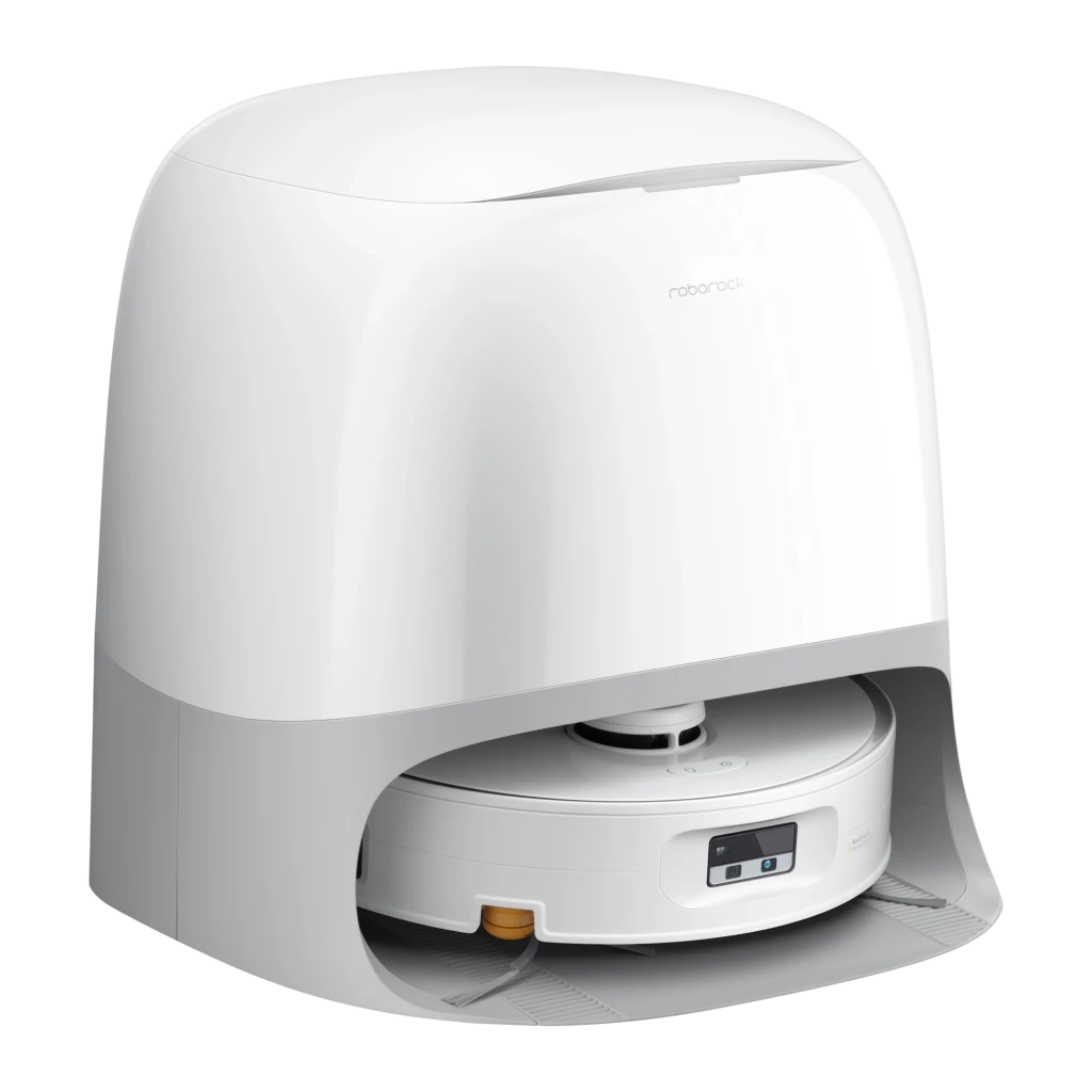Roborock Qrevo Curv 2 Flow blanc, vue avant-latérale: base de charge seule, intérieur avec serpillières et grille de - Ítem2