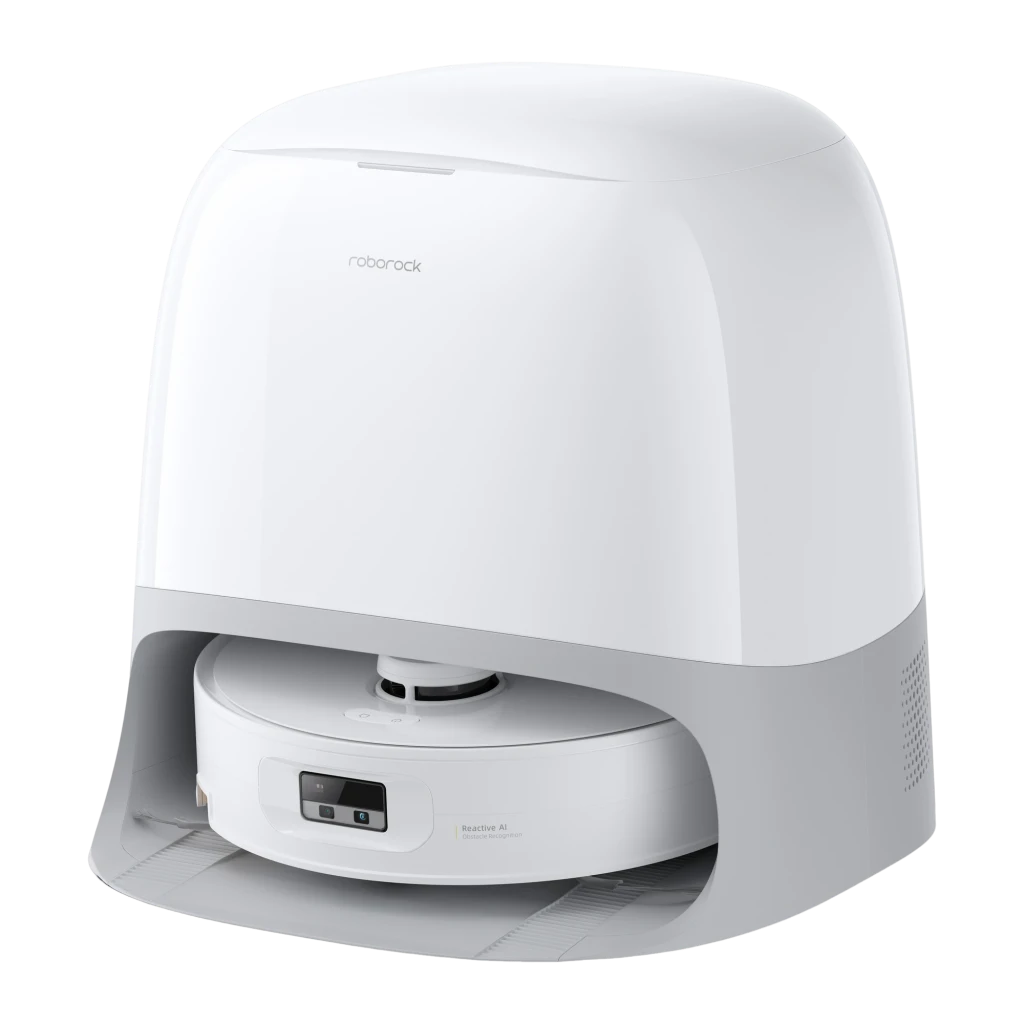 Roborock Qrevo Curv 2 Flow blanc, vue avant-latérale: base de charge seule, intérieur avec serpillières et grille de - Ítem3