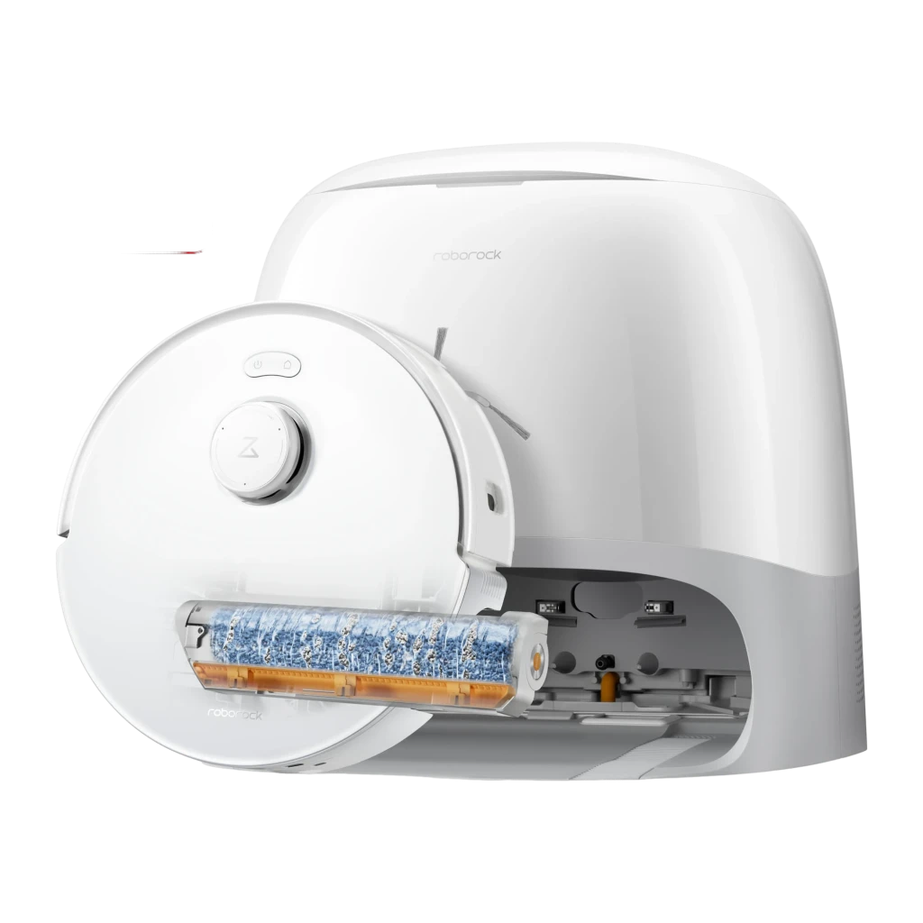 Roborock Qrevo Curv 2 FlowX Blanc, vue dessous: brosse principale, serpillière, roues et brosse latérale visibles - Ítem1