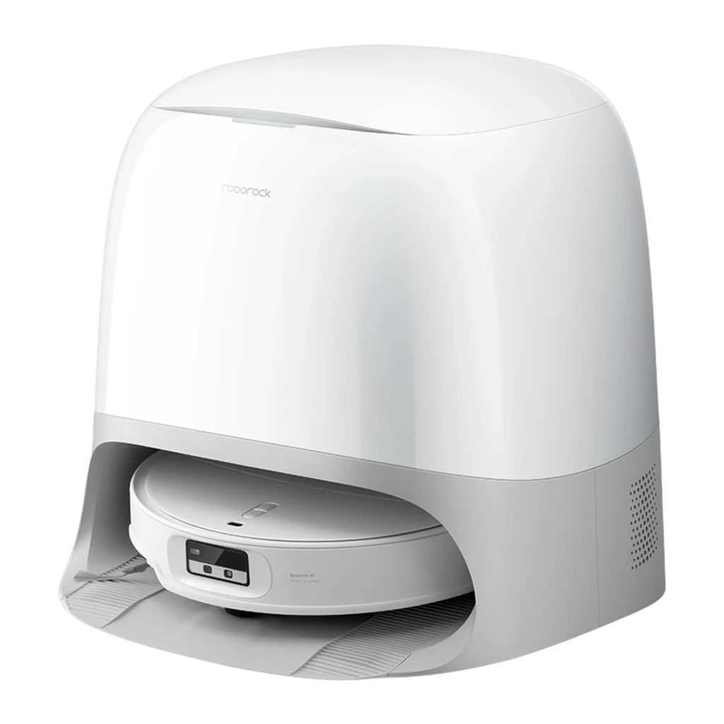 Roborock Qrevo Curv 2 ProX Blanc, vue de face 3/4: robot aspirateur dans sa base de vidage automatique blanche avec logo - Ítem2