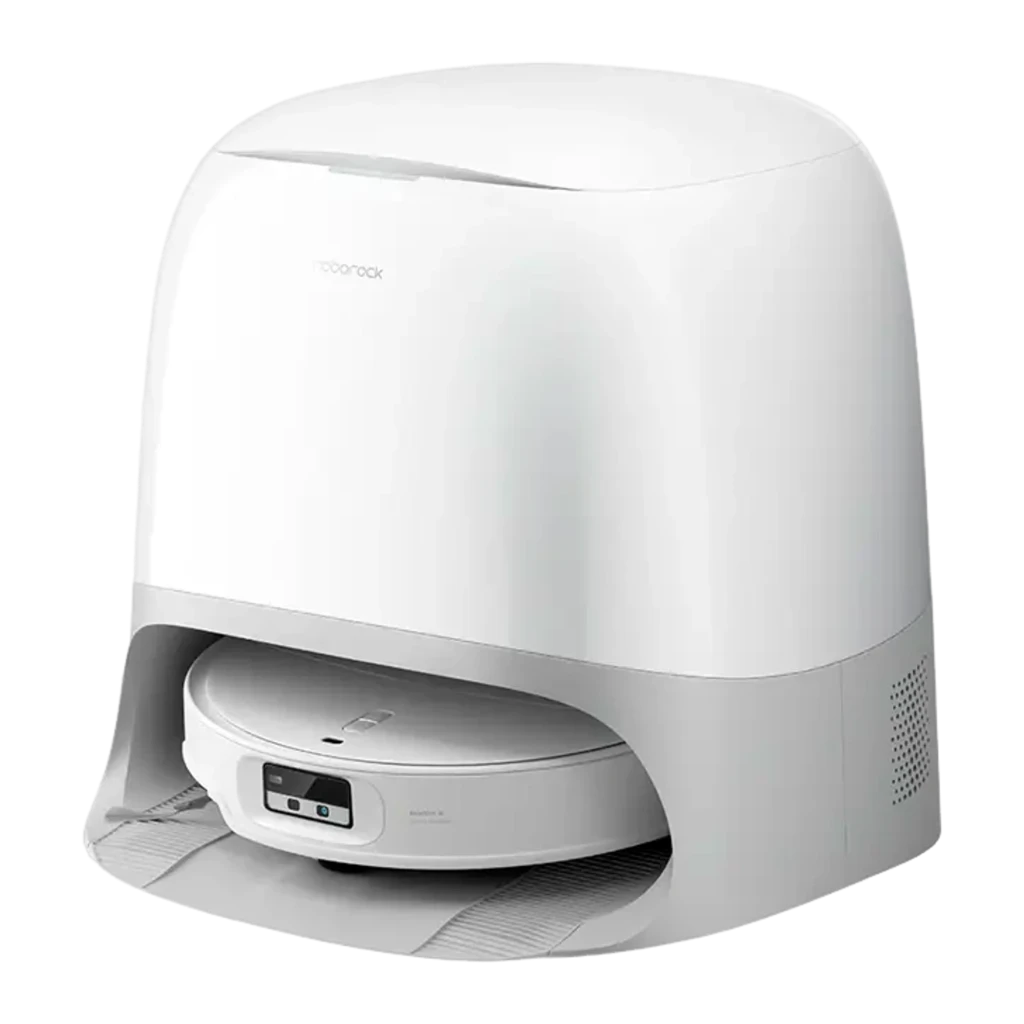 Roborock Qrevo Curv 2 ProX Blanc, vue de face 3/4: robot aspirateur dans sa base de vidage automatique blanche avec logo - Ítem3