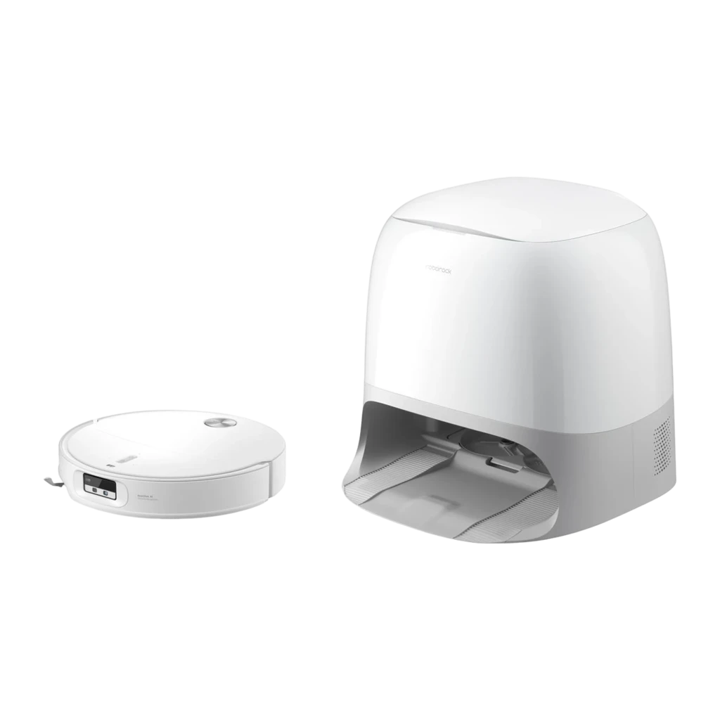 Roborock Qrevo Curv 2 ProX Blanc, vue de face 3/4: robot aspirateur dans sa base de vidage automatique blanche avec logo - Ítem4