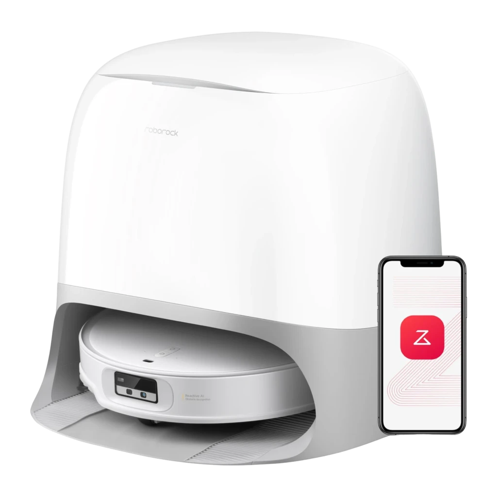 Roborock Qrevo Curv 2 ProX Blanc, vue de face 3/4: robot aspirateur dans sa base de vidage automatique blanche avec logo - Ítem5