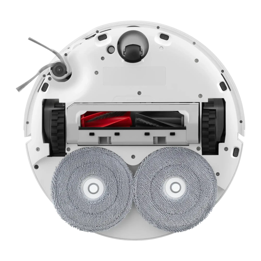 Roborock Qrevo Edge 2 Pro blanc, vue latérale: corps arrondi, boutons supérieurs, brosse latérale et tampon serpillière - Ítem1