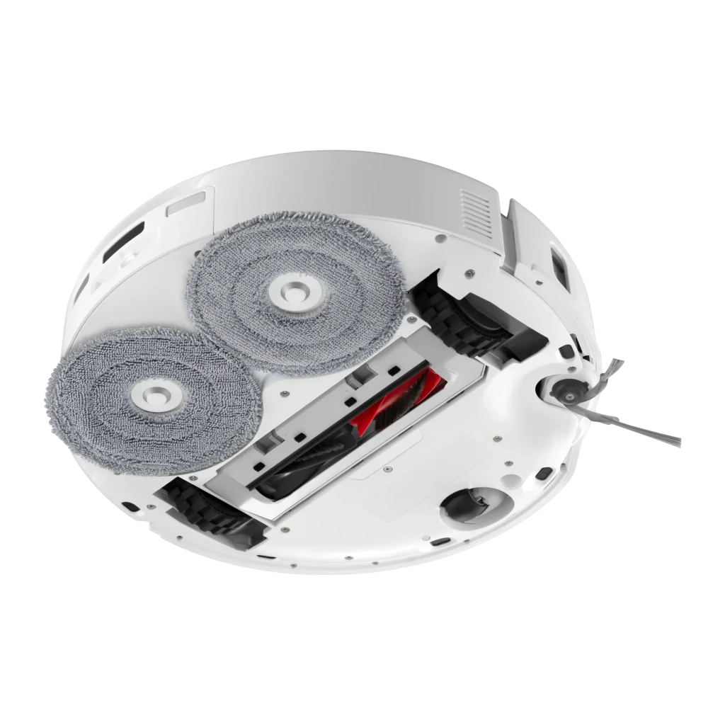 Roborock Qrevo Edge 2 Pro blanc, vue latérale: corps arrondi, boutons supérieurs, brosse latérale et tampon serpillière - Ítem2