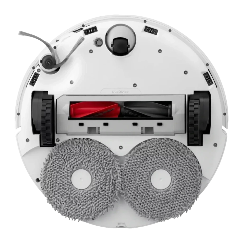 Roborock Qrevo Edge 5V1 blanc, vue latérale droite: ensemble robot et base de vidage, serpillières déployées et capteur - Ítem2