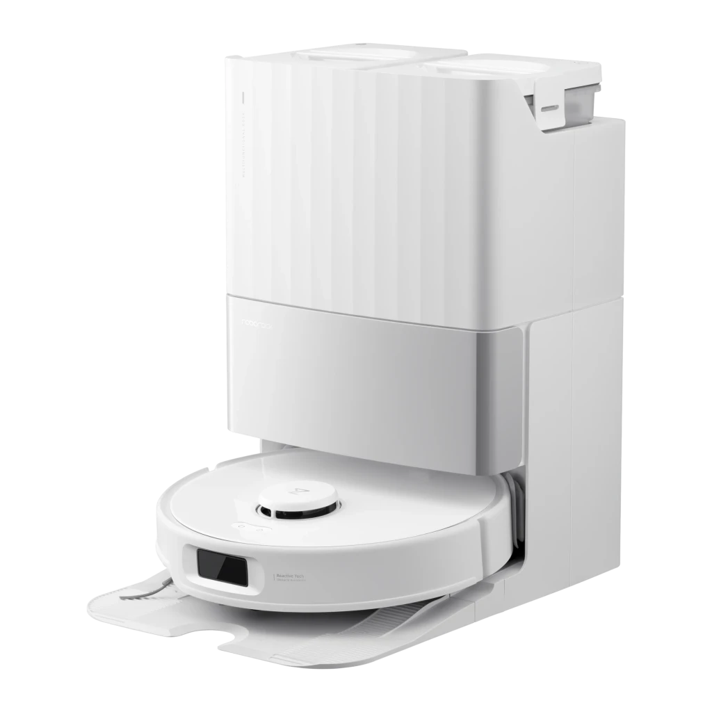 Roborock Qrevo Edge 5V1 blanc, vue latérale droite: ensemble robot et base de vidage, serpillières déployées et capteur - Ítem1