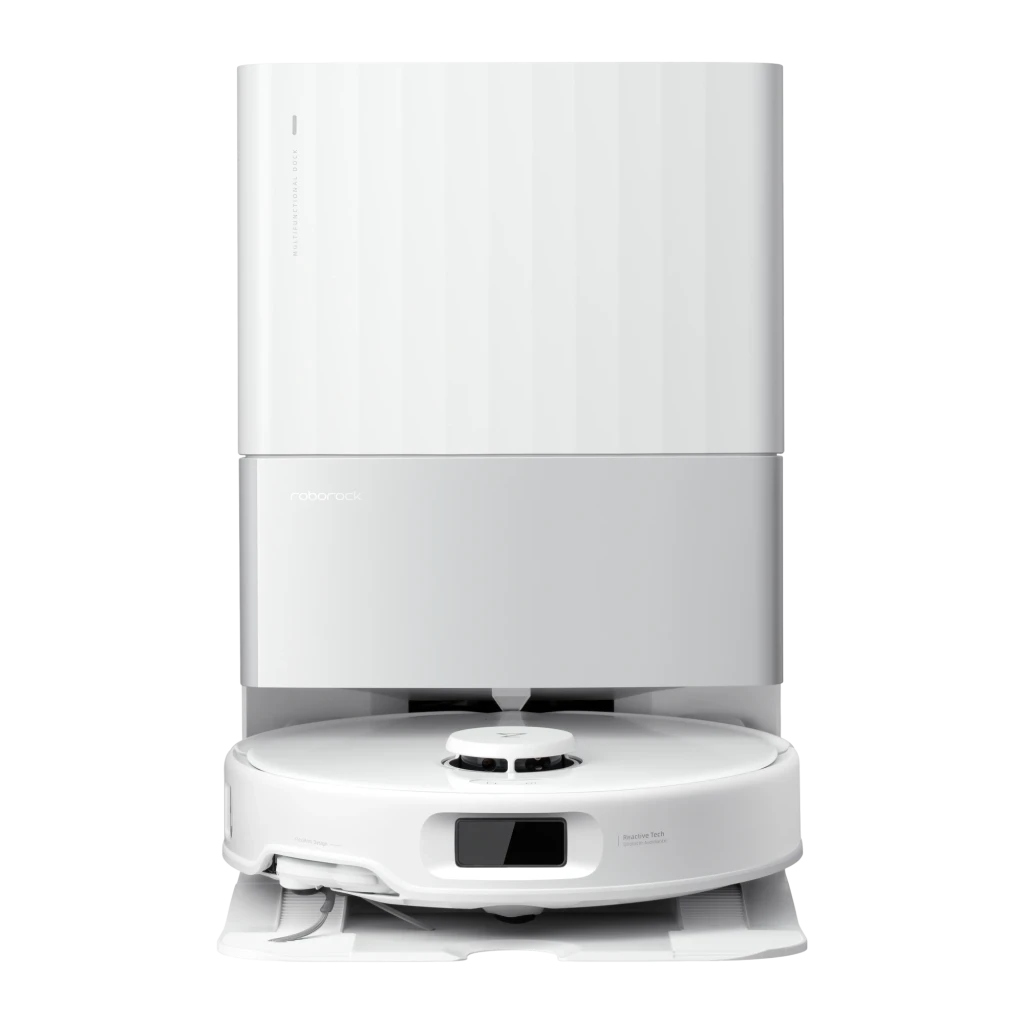 Roborock Qrevo Edge 5V1 blanc, vue latérale droite: ensemble robot et base de vidage, serpillières déployées et capteur - Ítem3