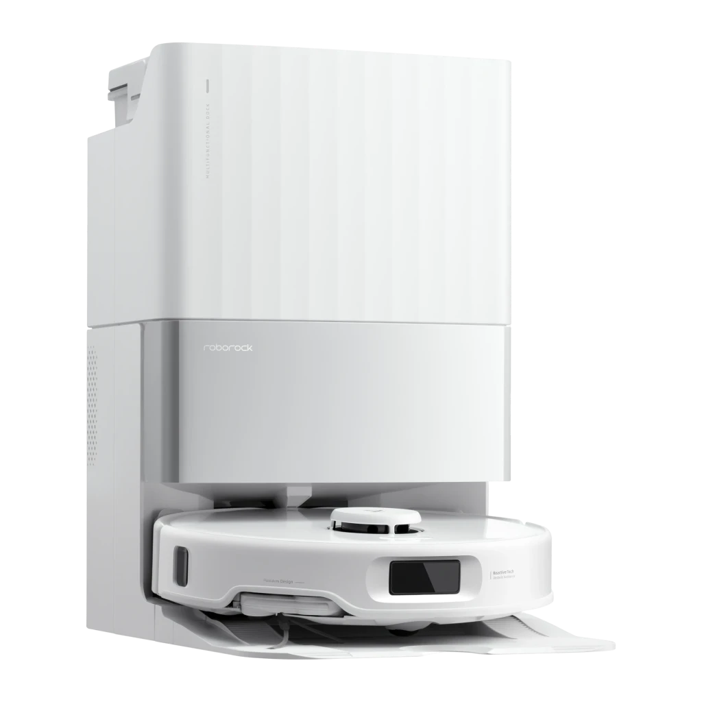 Roborock Qrevo Edge 5V1 blanc, vue latérale droite: ensemble robot et base de vidage, serpillières déployées et capteur - Ítem4