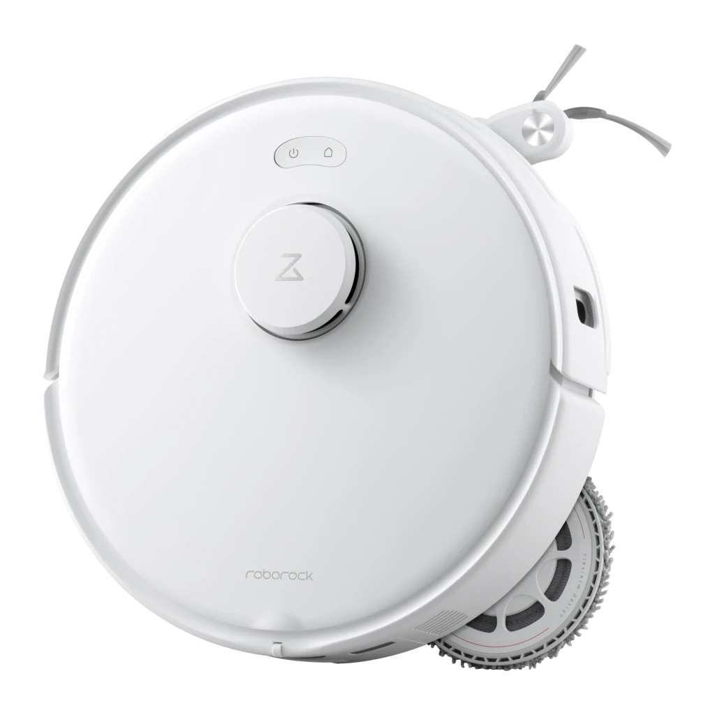 Roborock Qrevo Edge 5V1 blanc, vue latérale droite: ensemble robot et base de vidage, serpillières déployées et capteur - Ítem5