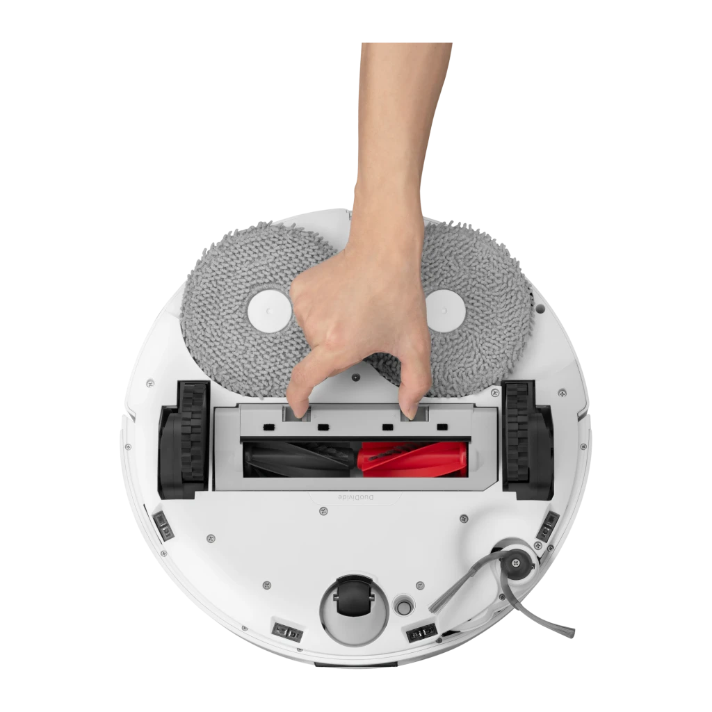 Roborock Qrevo Edge 5V1 blanc, vue latérale droite: ensemble robot et base de vidage, serpillières déployées et capteur - Ítem6