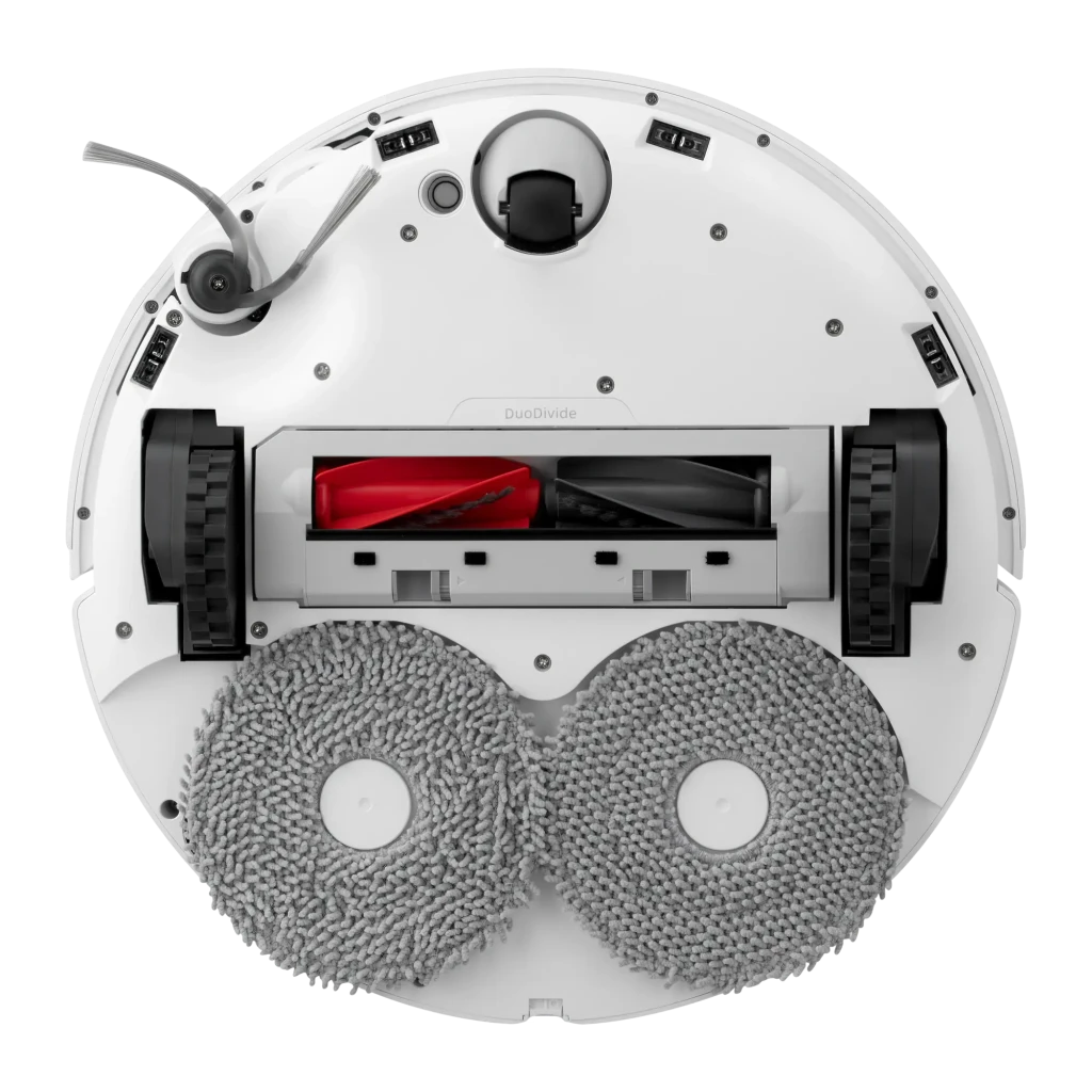Roborock Qrevo Edge 5V1 blanc, vue latérale droite: ensemble robot et base de vidage, serpillières déployées et capteur - Ítem7