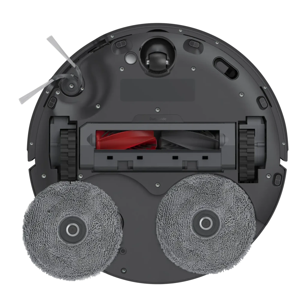 Roborock Saros 10R noir, vue avant avec base: robot sur station de vidage avec smartphone et montre connectée avec app - Ítem2