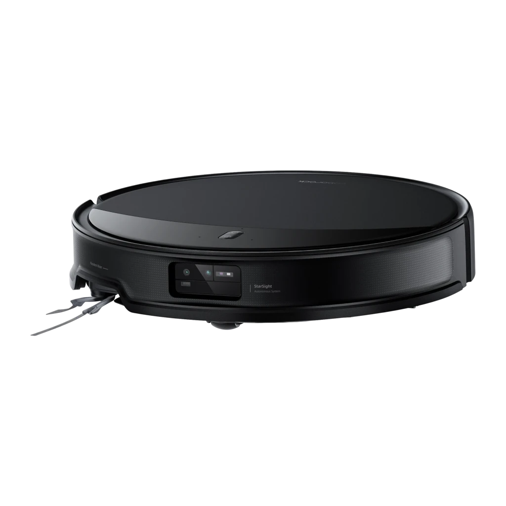 Roborock Saros 10R noir, vue avant avec base: robot sur station de vidage avec smartphone et montre connectée avec app - Ítem1