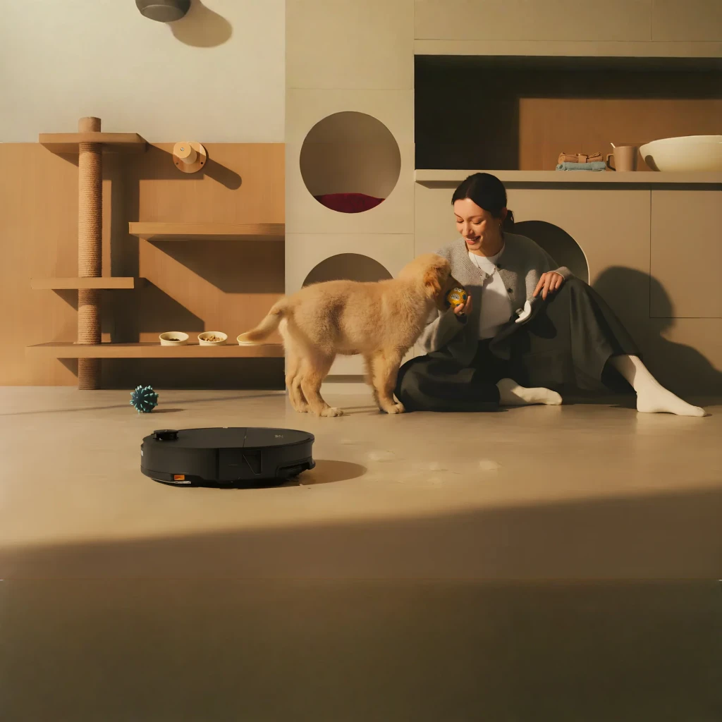 Roborock Saros 20 Sonic Complete noir, vue de face en angle: robot aspirateur dans sa base de vidage automatique grise - Ítem9
