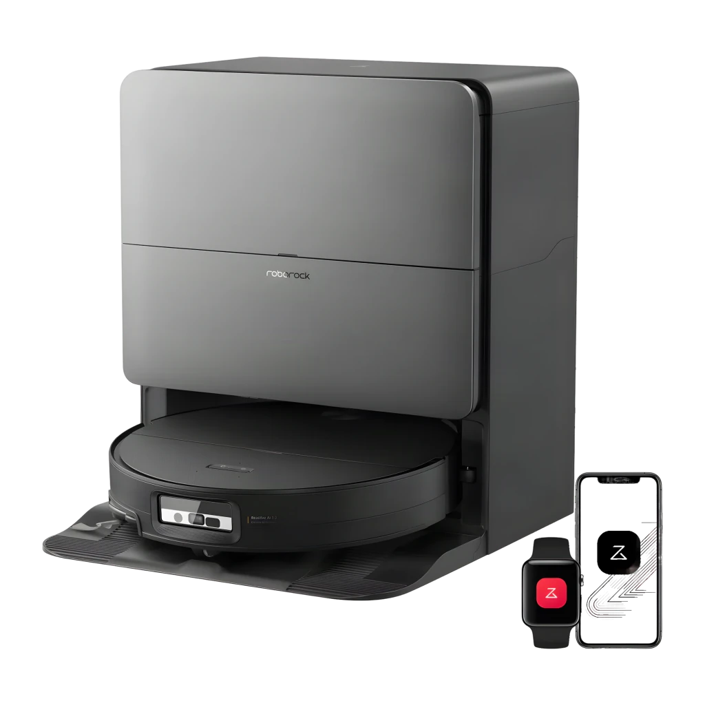 Roborock Saros 20 Sonic Complete noir, vue de face en angle: robot aspirateur dans sa base de vidage automatique grise - Ítem1