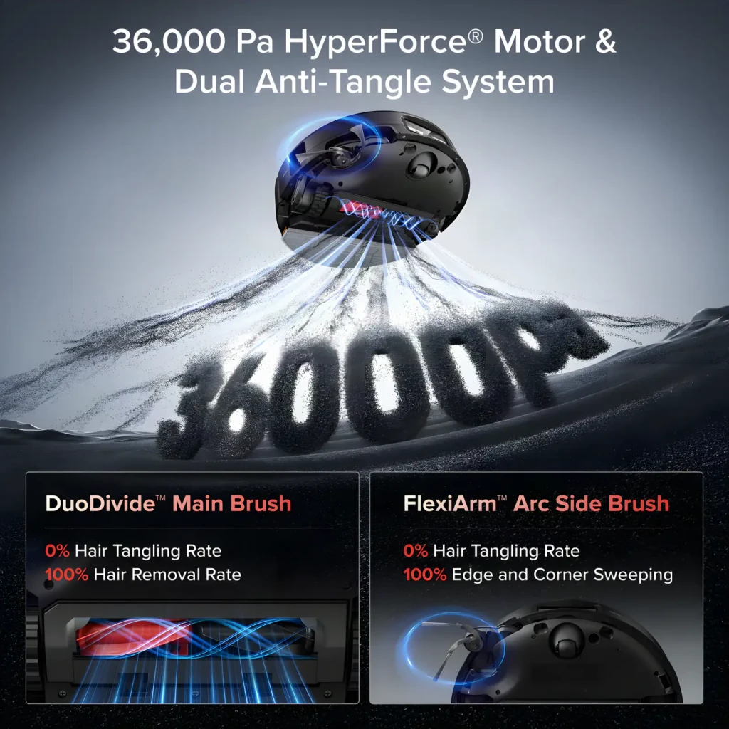 Roborock Saros 20 Sonic Complete noir, vue de face en angle: robot aspirateur dans sa base de vidage automatique grise - Ítem8