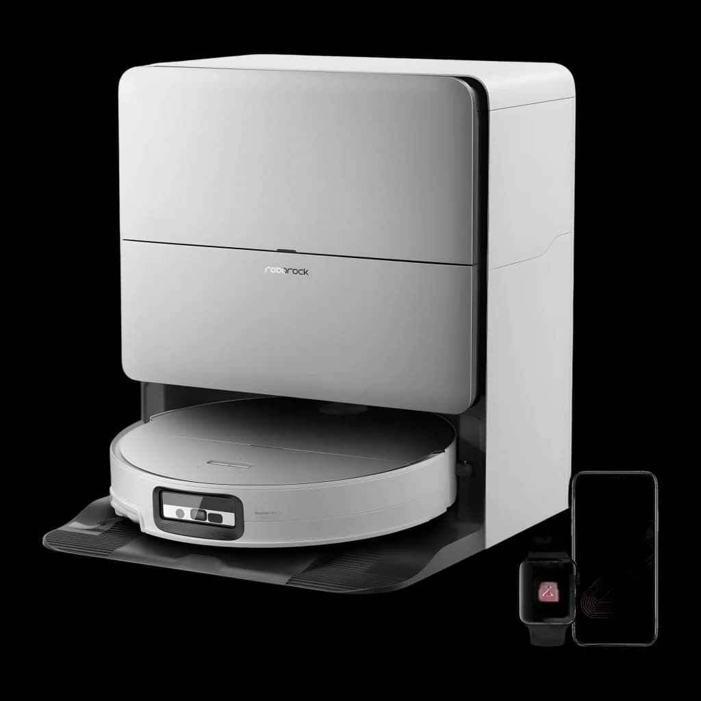 Roborock Saros Z70 Blanco, vista lateral: robot aspirador en base de vaciado automático con smartphone y smartwatch