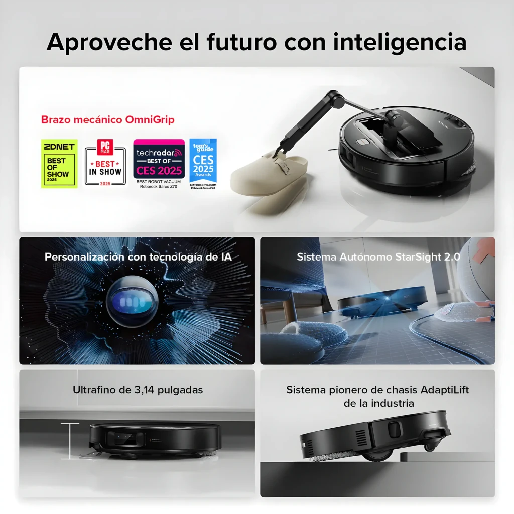 Roborock Saros Z70 Blanc, vue latérale: aspirateur robot sur base de vidage automatique avec smartphone et montre connectée - Ítem5