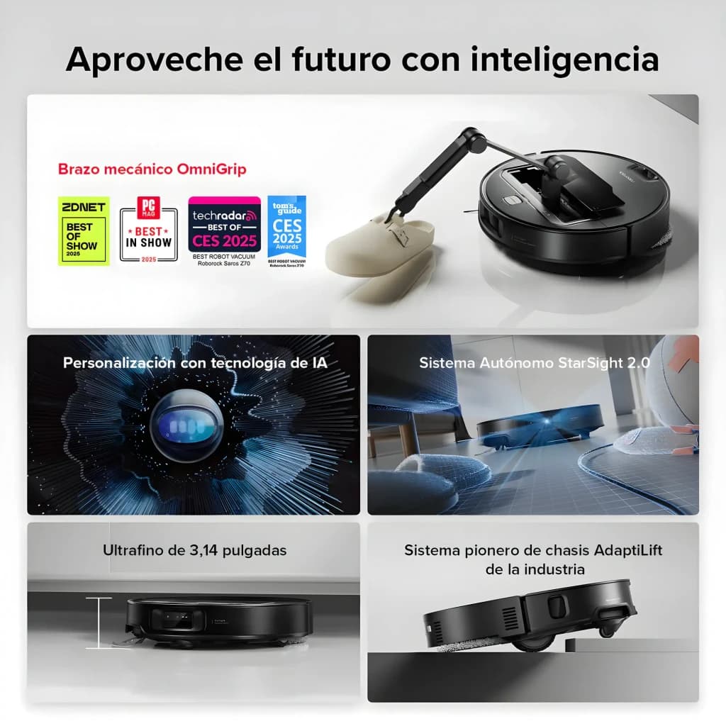 Roborock Saros Z70 Blanco, infografía: brazo OmniGrip, StarSight 2.0, chasis AdaptiLift y perfil ultrafino 3,14"