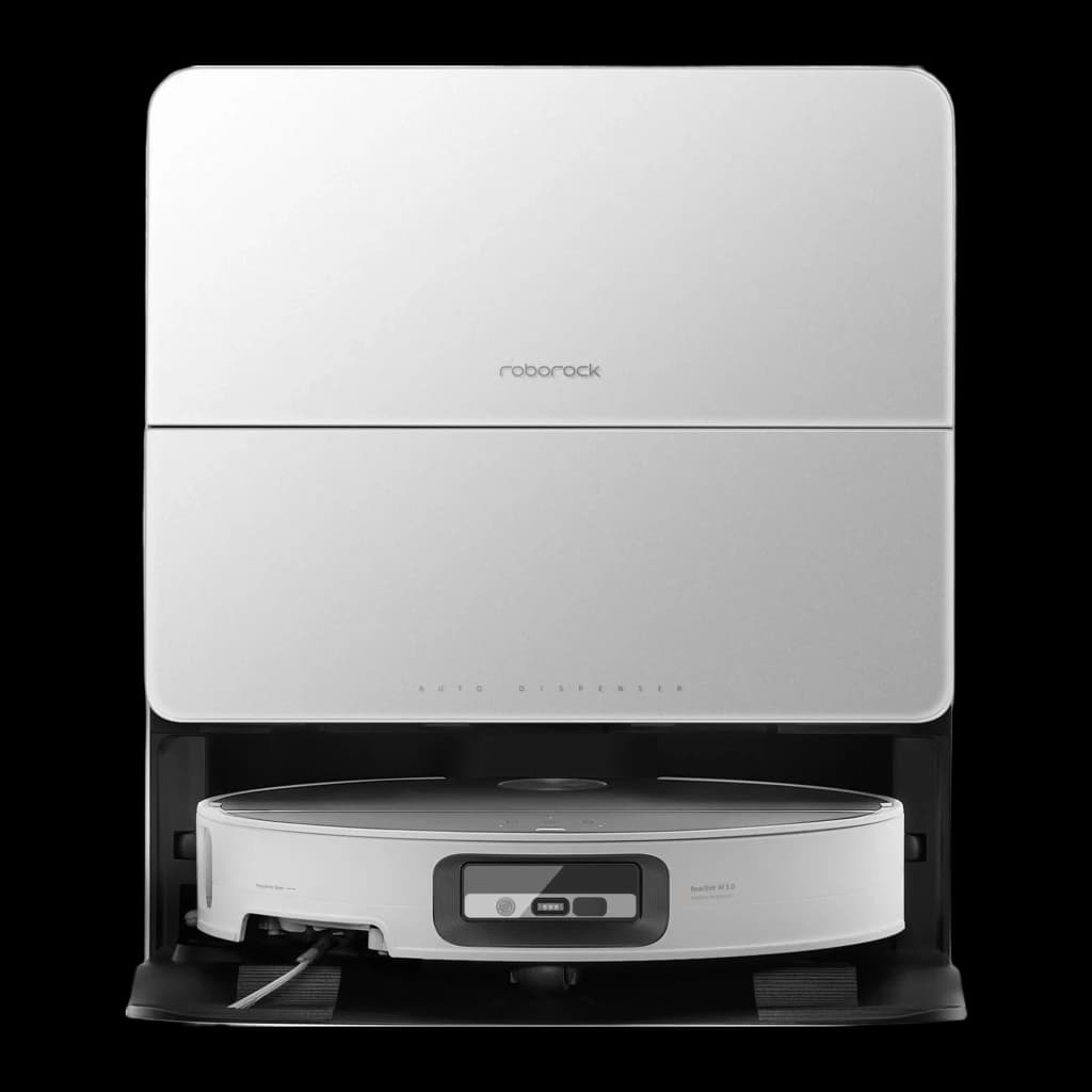 Roborock Saros Z70 Blanco, vista frontal: robot aspirador en base Auto Dispenser, logo roborock visible