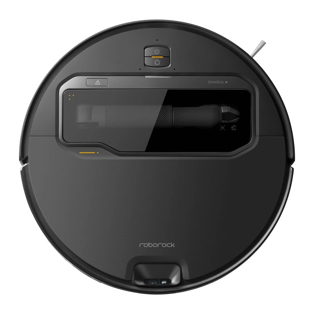 Roborock Saros Z70 Noir, vue de face: aspirateur robot sur base de vidage automatique noire avec bande jaune - Ítem7