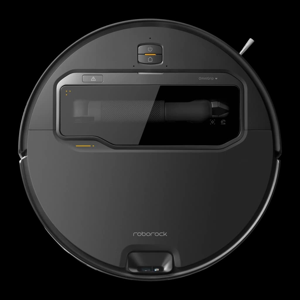 Roborock Saros Z70 negro, vista superior: brazo OmniGrip, botones de control y cepillo lateral visibles