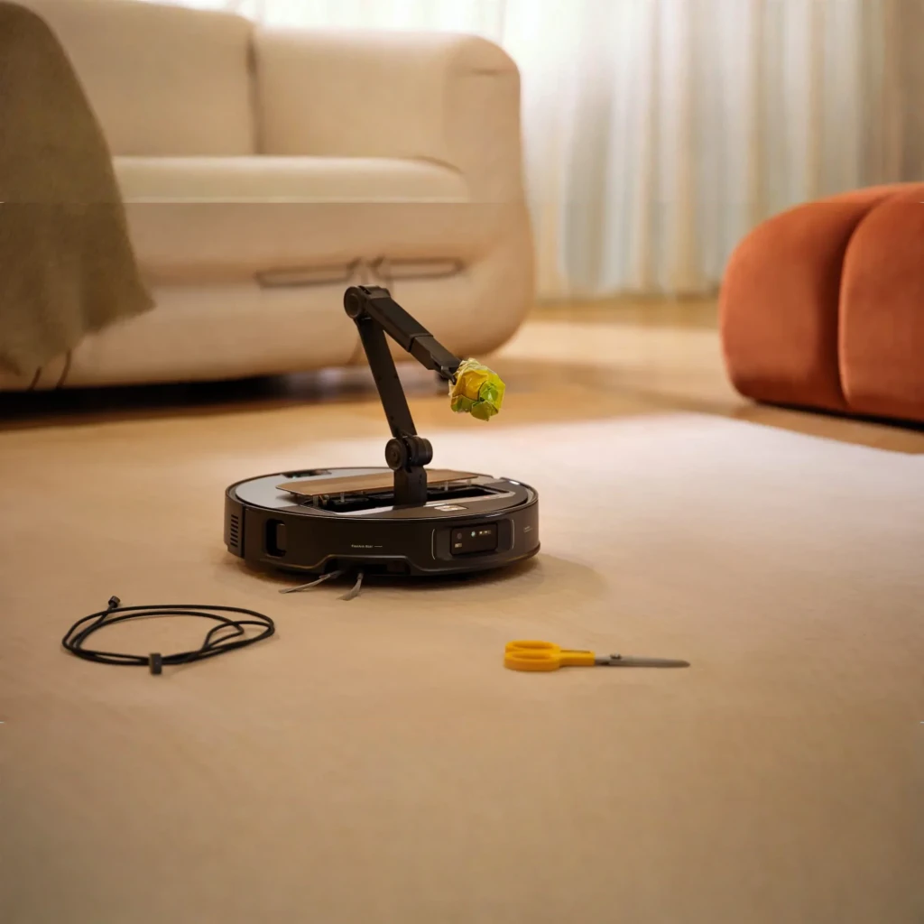 Roborock Saros Z70 Noir, vue de face: aspirateur robot sur base de vidage automatique noire avec bande jaune - Ítem8